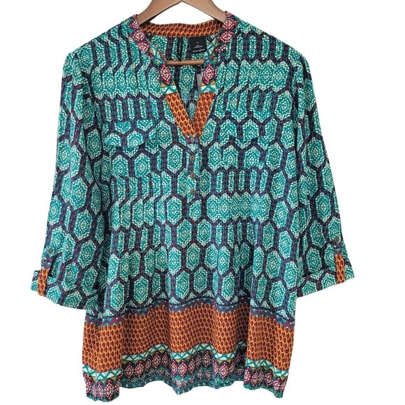 New Directions Aztec Blouse Top Womens Size L Roll-Tab Sleeve Boho NWT - Picture 1 of 8